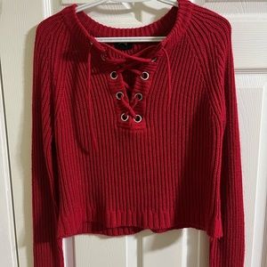 Red Knit Cropped Sweater w/Tie-Up Front